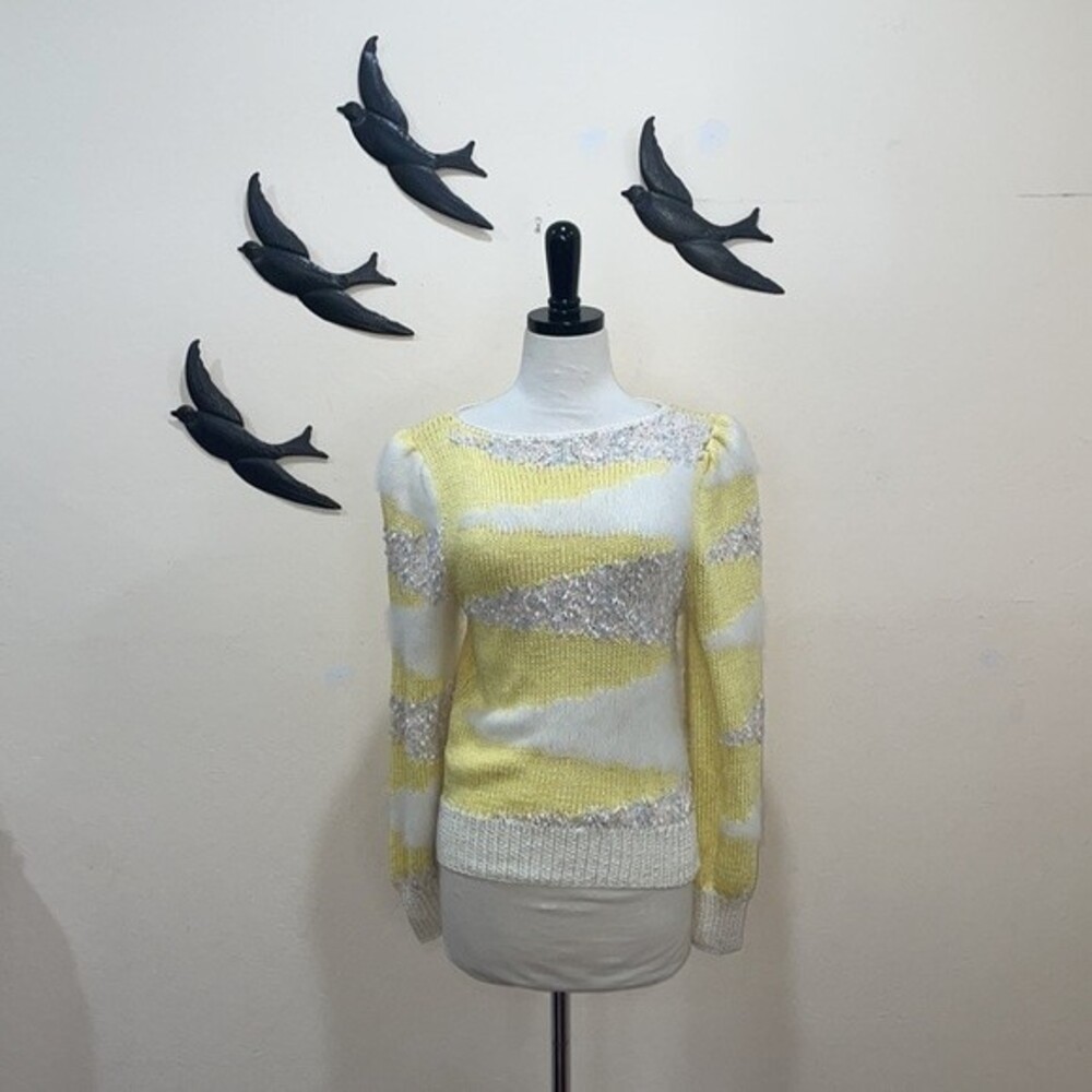 Pastel Yellow & Off White Angora & Silk Knit Sweater, Vintage - M